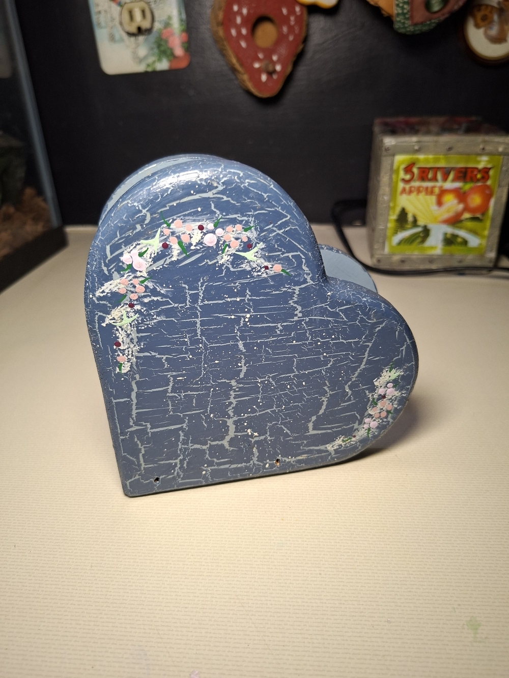 Heart-Shaped Decorative Napkin Holder Or Mail Holder in Blue with Floral Accents